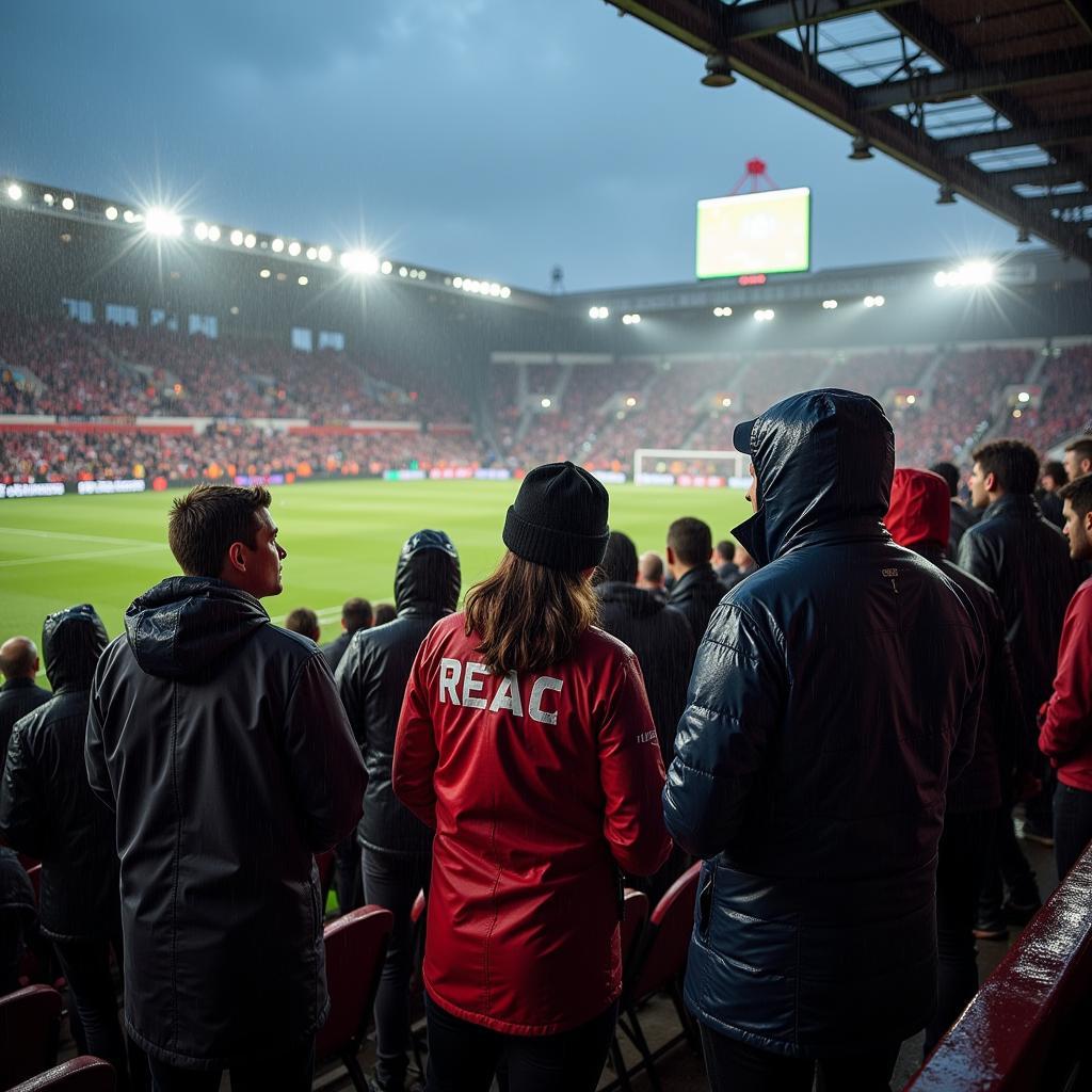 Fans bei Regen im Stadion in Leverkusen