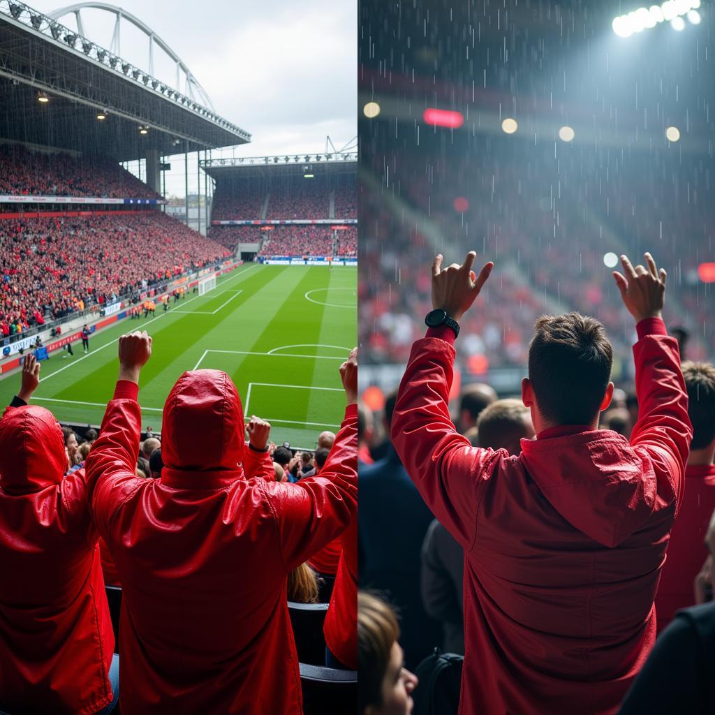 Fans bei Regen und Sonnenschein in Leverkusen