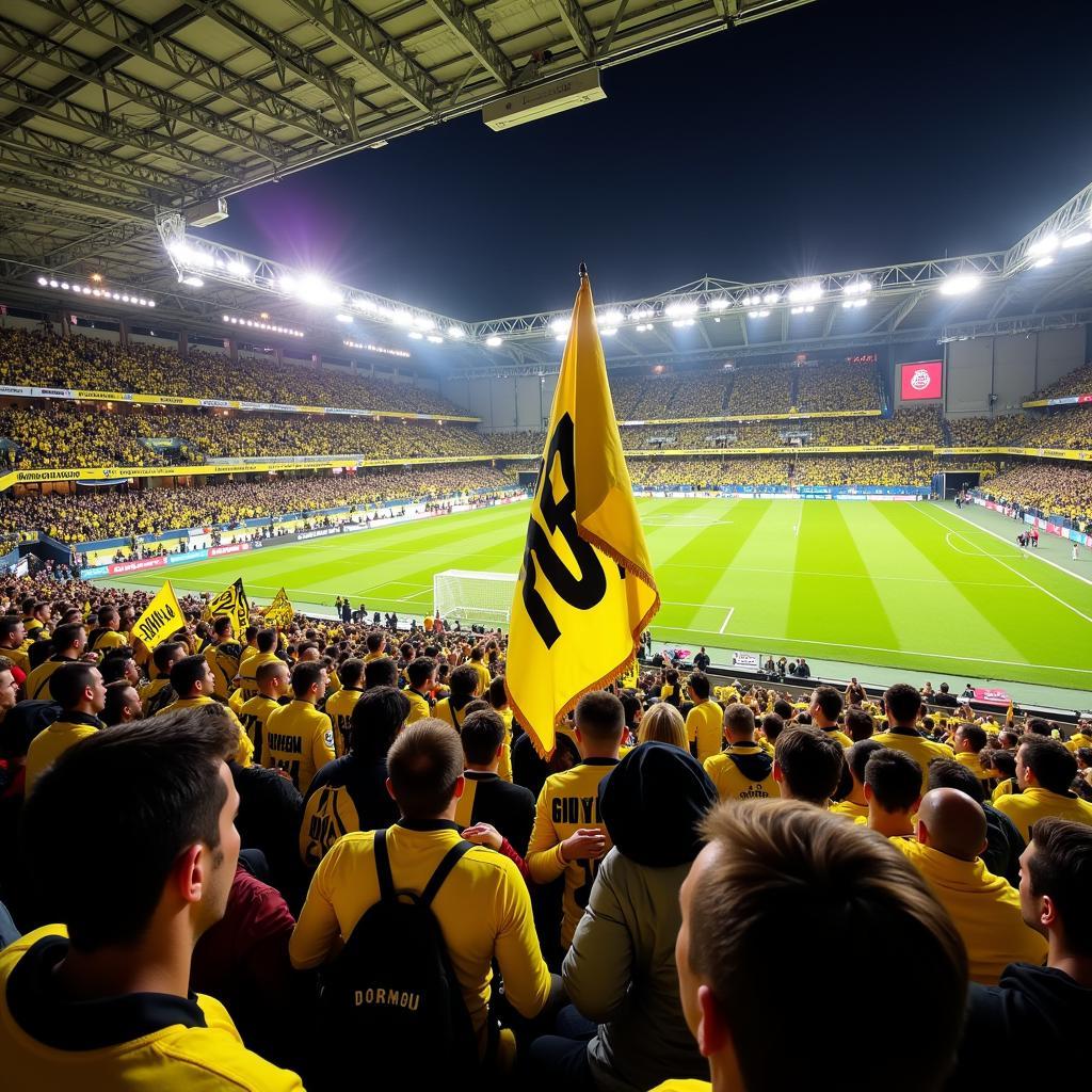 Fans der Bundesliga Dortmund Leverkusen Begegnung: Leidenschaftliche Anhänger beider Teams im Stadion.