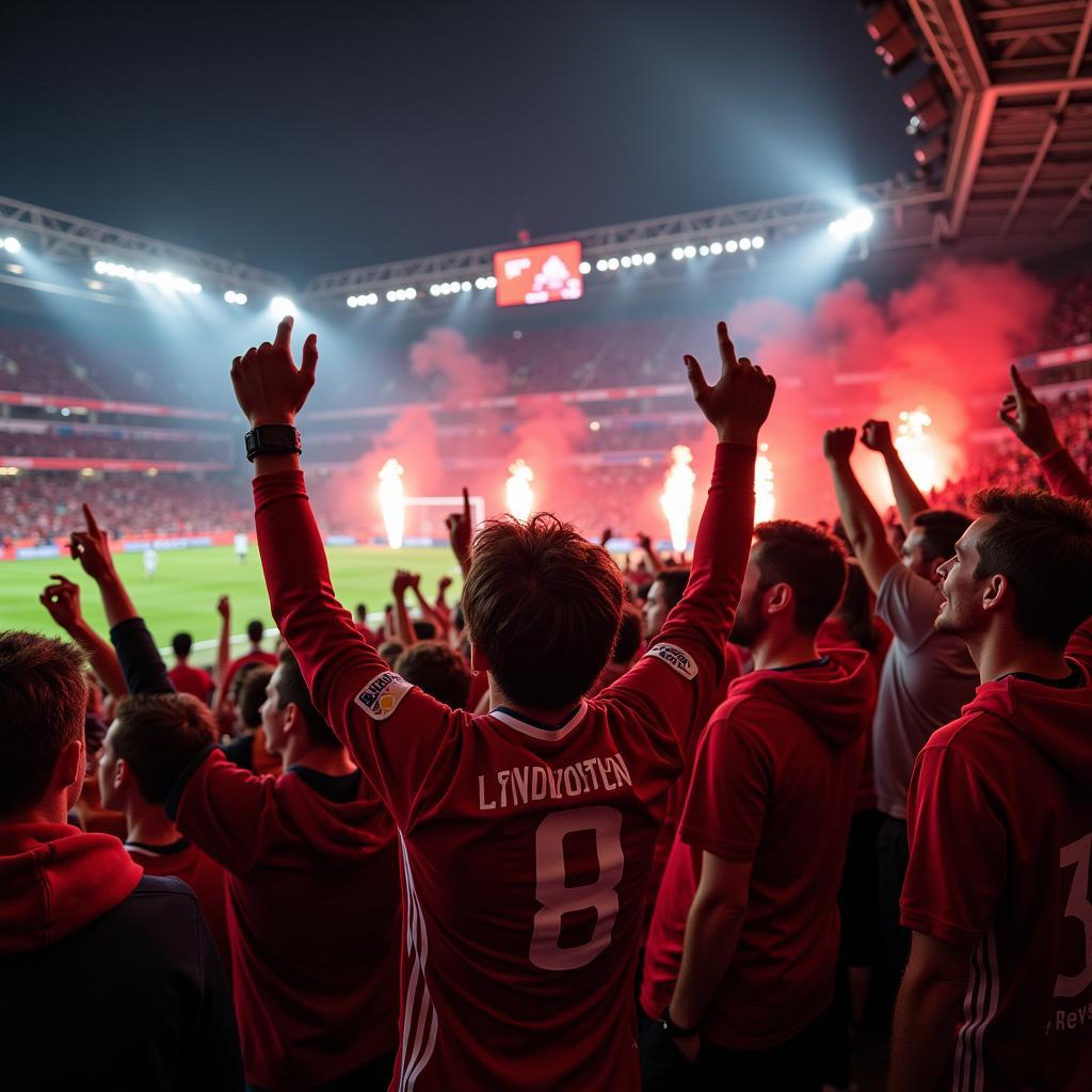 Fans feiern ein Tor von Leverkusen gegen Bayern.