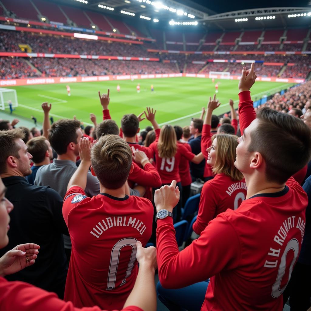 Fans feiern einen Sieg von Bayer Leverkusen in der BayArena