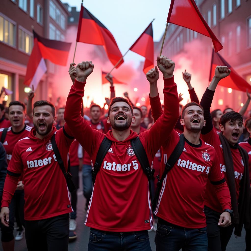 Jubelnde Fans in Leverkusen 51373 nach einem Sieg der Werkself.