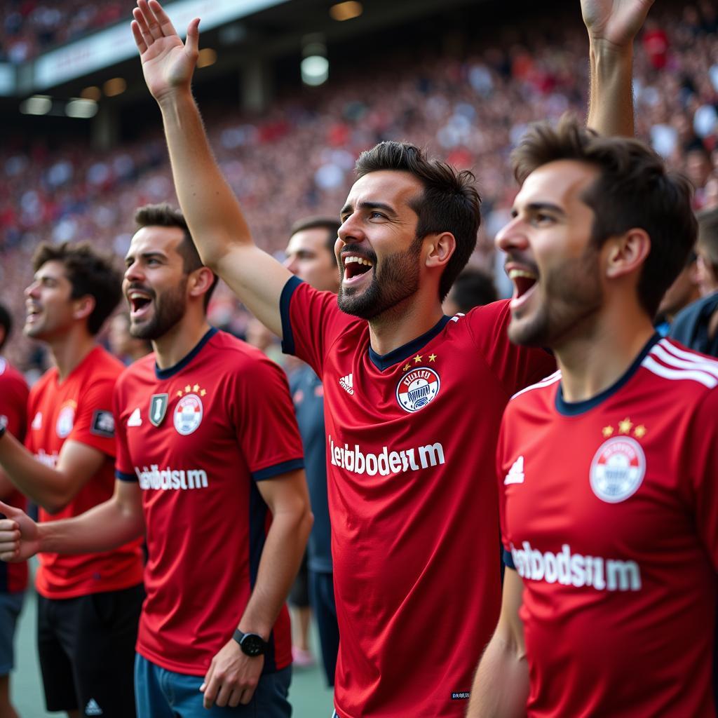 Fans von Bayer Leverkusen tragen stolz das neue Ausweichtrikot 23/24.