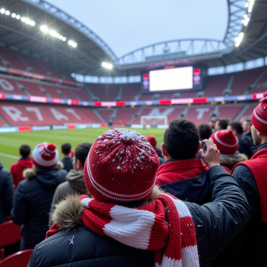 Fans im Schnee im BayArena Stadion