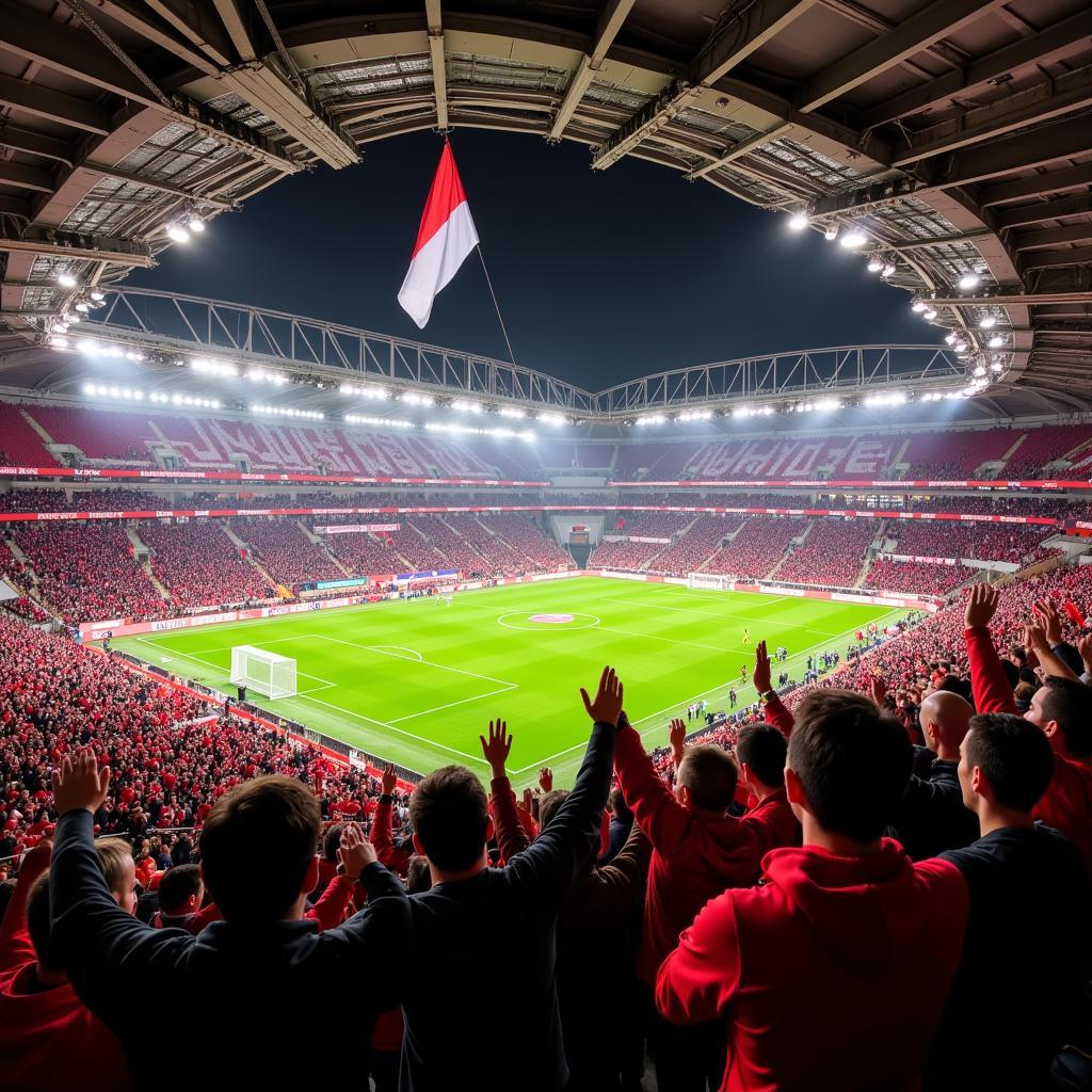 Fans im Stadion bei einem Spiel von Bayer 04 Leverkusen