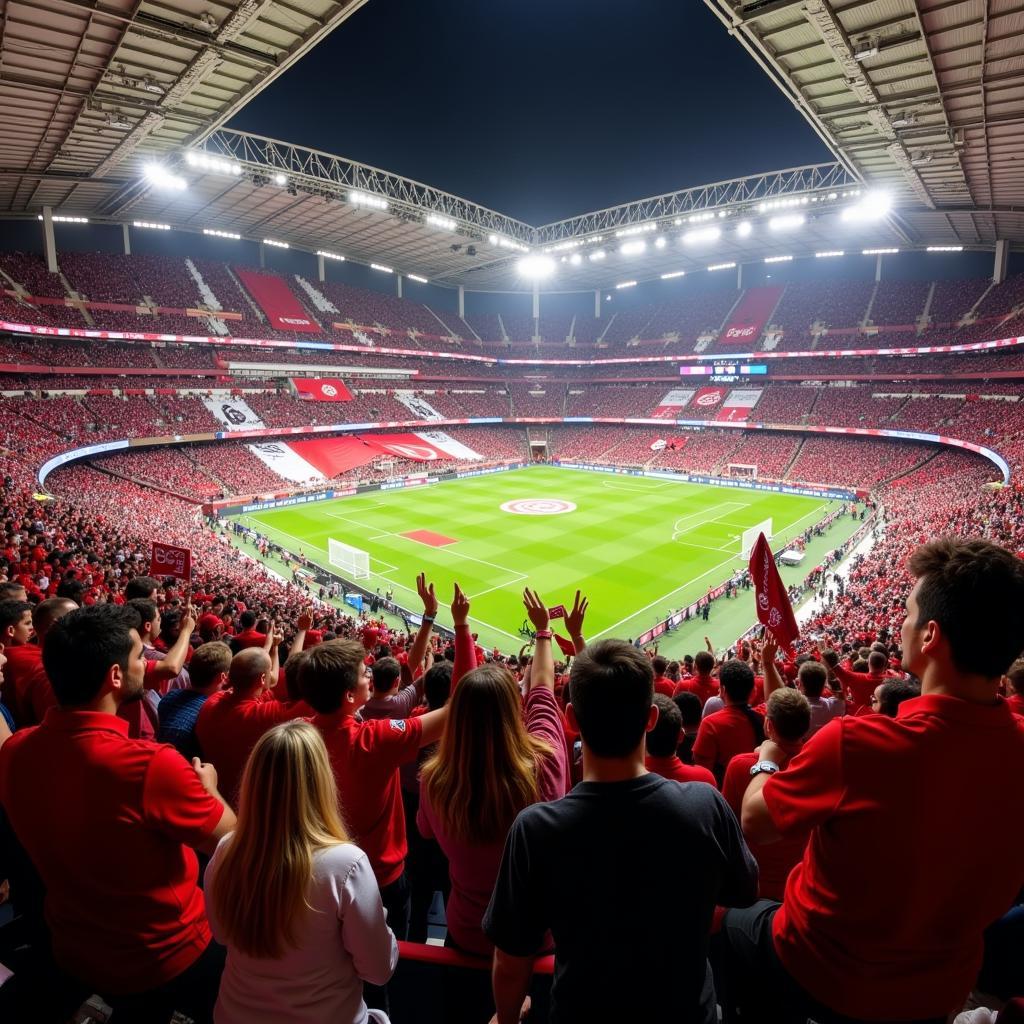 Fans des Bayer Leverkusen unterstützen ihre Mannschaft in der BayArena