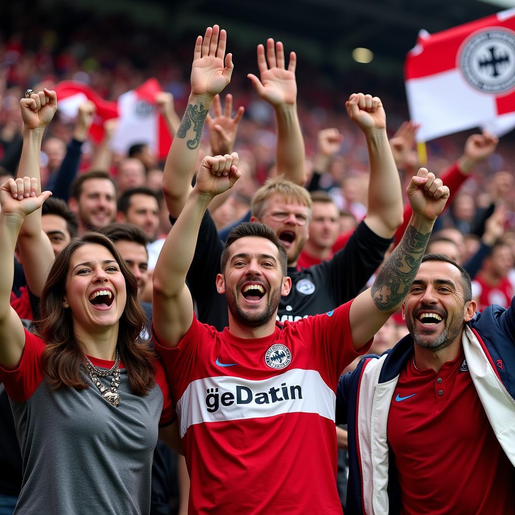 Fans von Bayer Leverkusen jubeln im Stadion über den Erfolg ihrer Mannschaft.