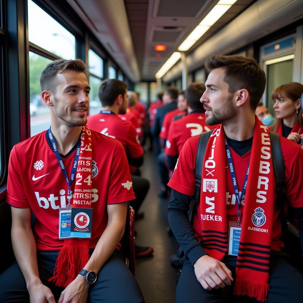 Bayer Leverkusen Fans nutzen die öffentlichen Verkehrsmittel, um zum Stadion zu gelangen.