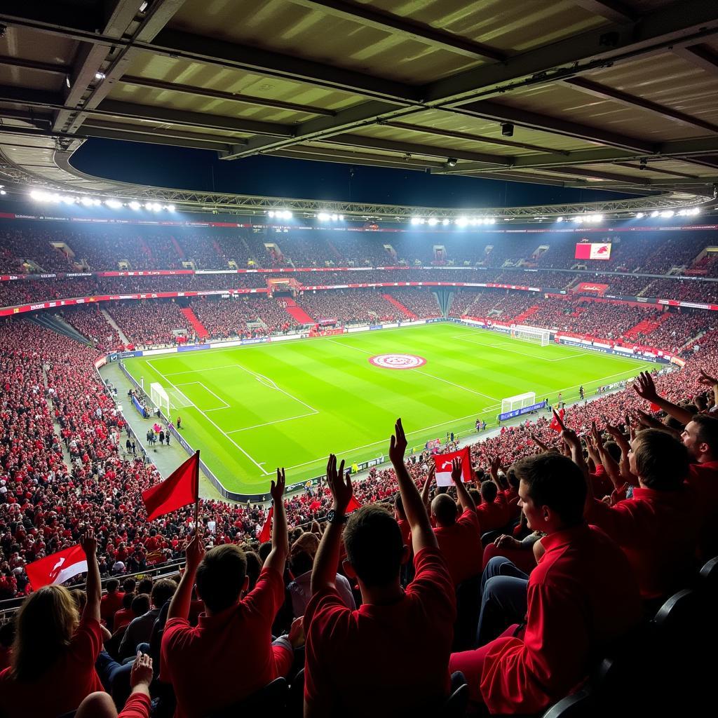 Leverkusen-Fans feuern ihre Mannschaft im Stadion gegen Atalanta an