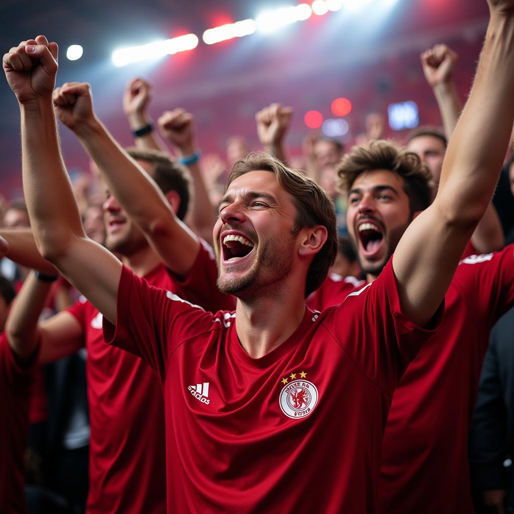 Fans von Bayer 04 Leverkusen feiern einen Sieg