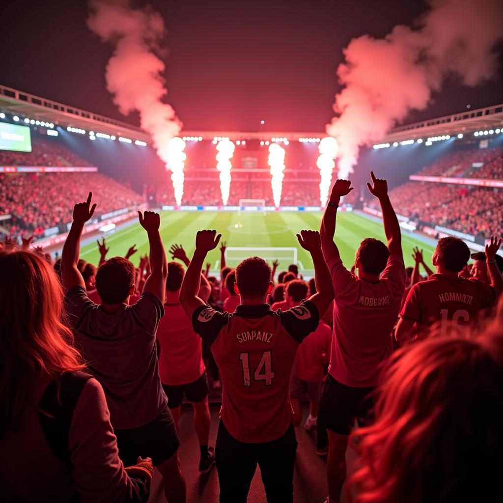 Fans von Bayer 04 Leverkusen feiern einen Sieg in der BayArena