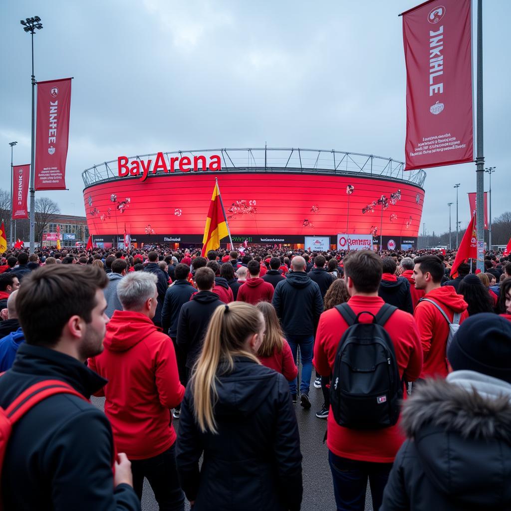 Fans vor der BayArena an der Bahnstadtchaussee 29 in Leverkusen: Die Atmosphäre vor dem Spiel ist elektrisierend.