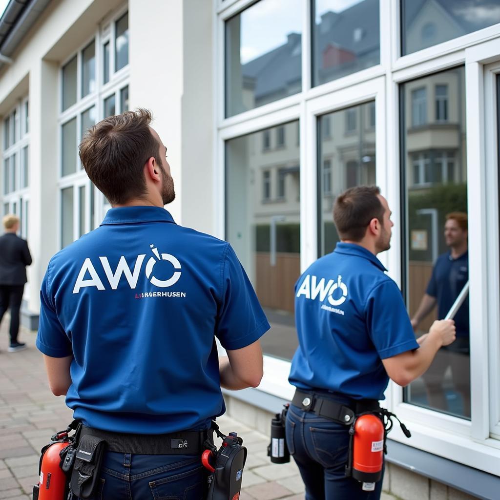 Fensterreinigung an einem Gebäude durch AWO Leverkusen Mitarbeiter