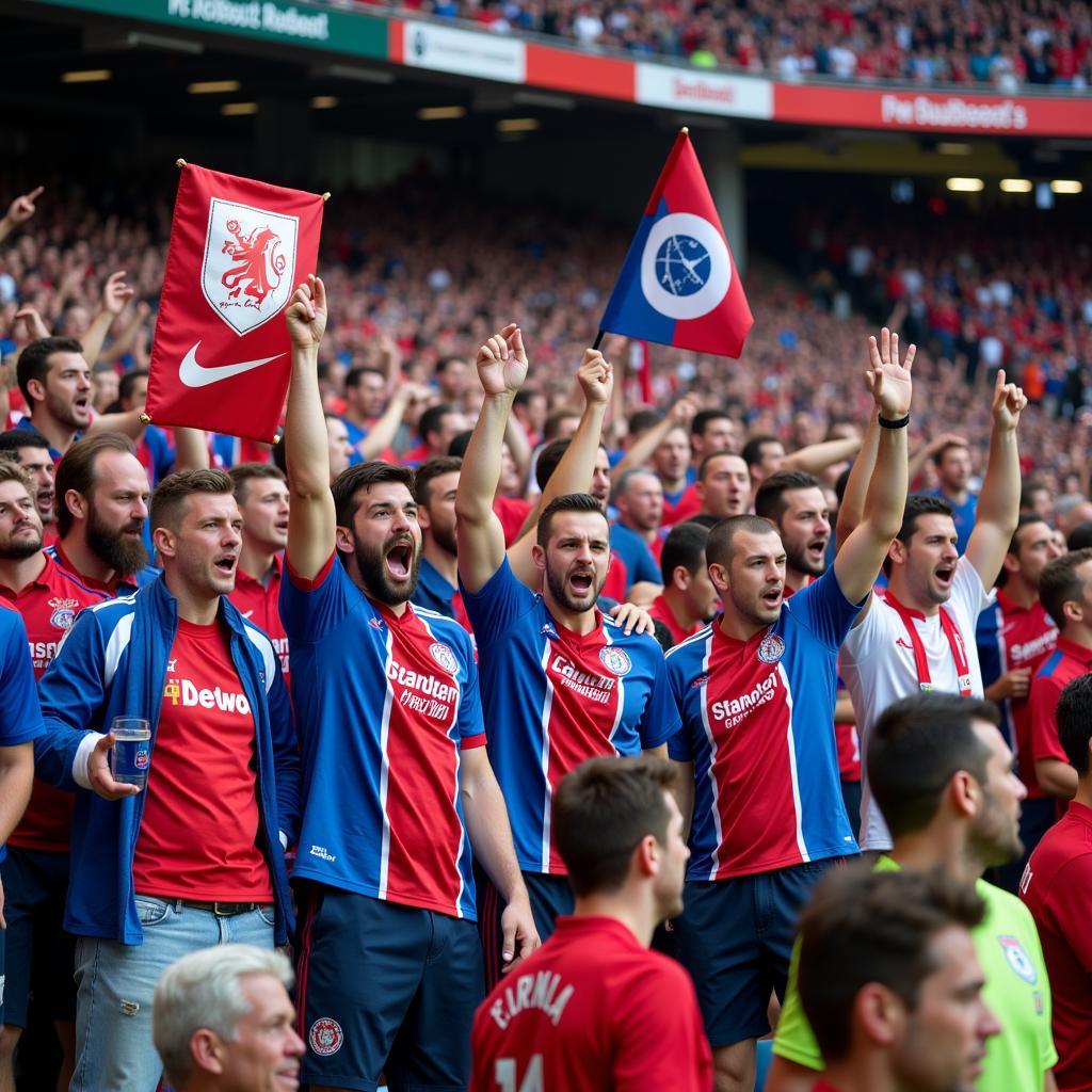 Fans von Fortuna Düsseldorf und Bayer Leverkusen im Stadion