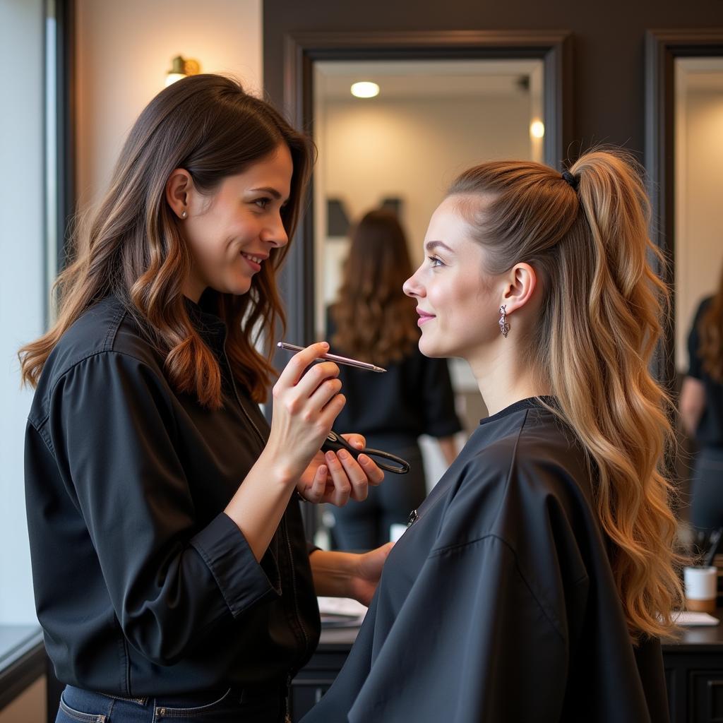 Friseur berät Kundin im Salon in Leverkusen Wiesdorf.