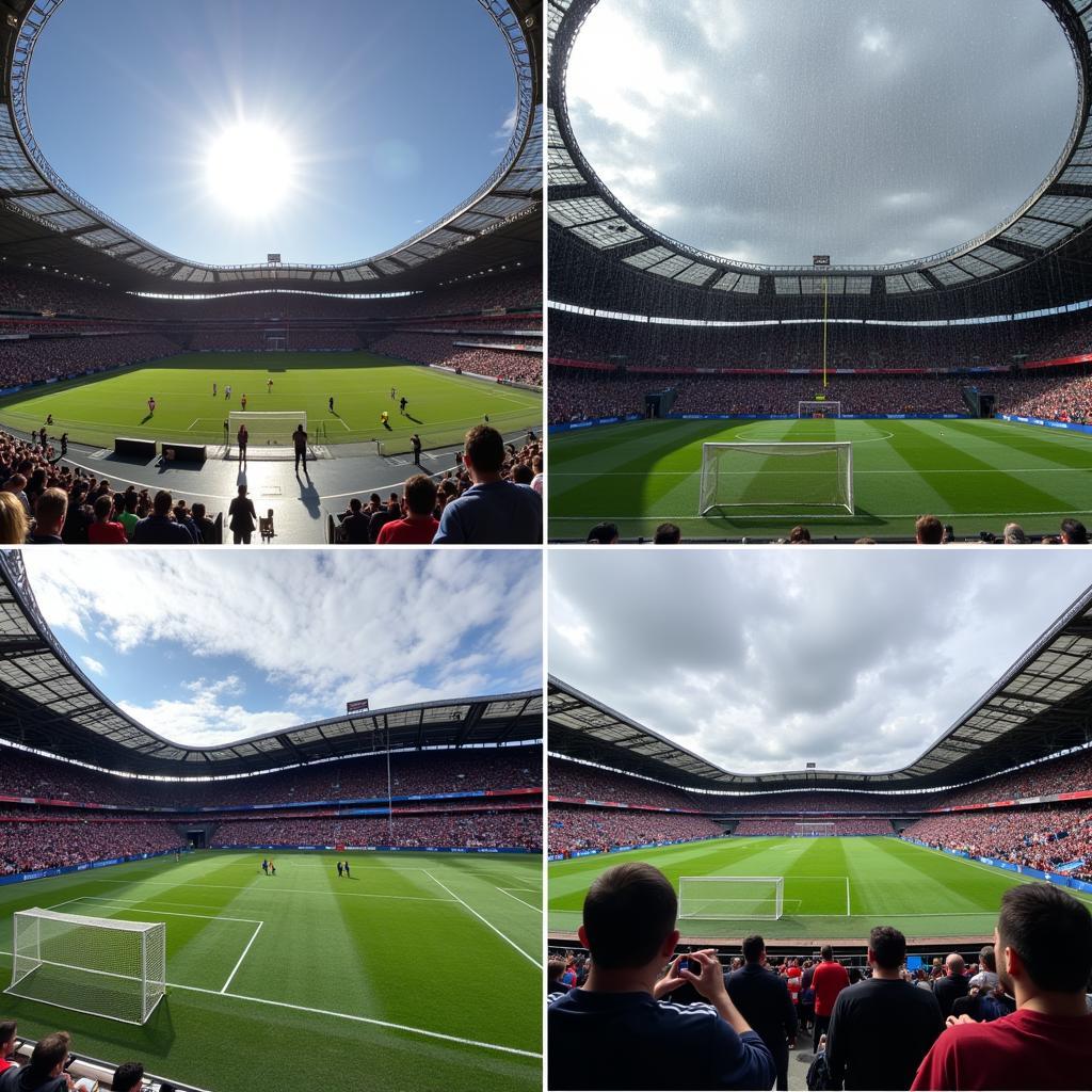 Fußballspiel in der BayArena bei unterschiedlichen Wetterbedingungen