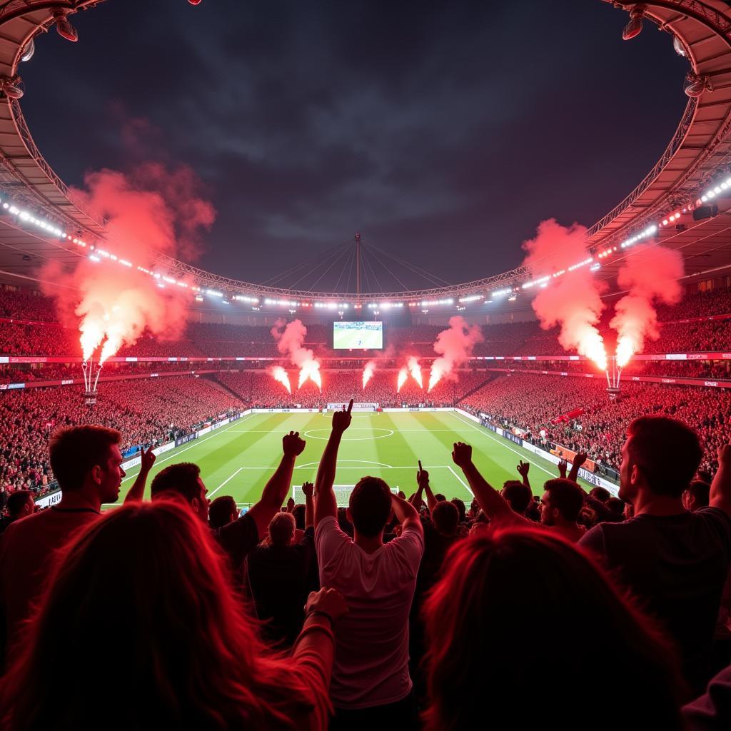 Bayer Leverkusen Fans in der BayArena feiern ein Tor.