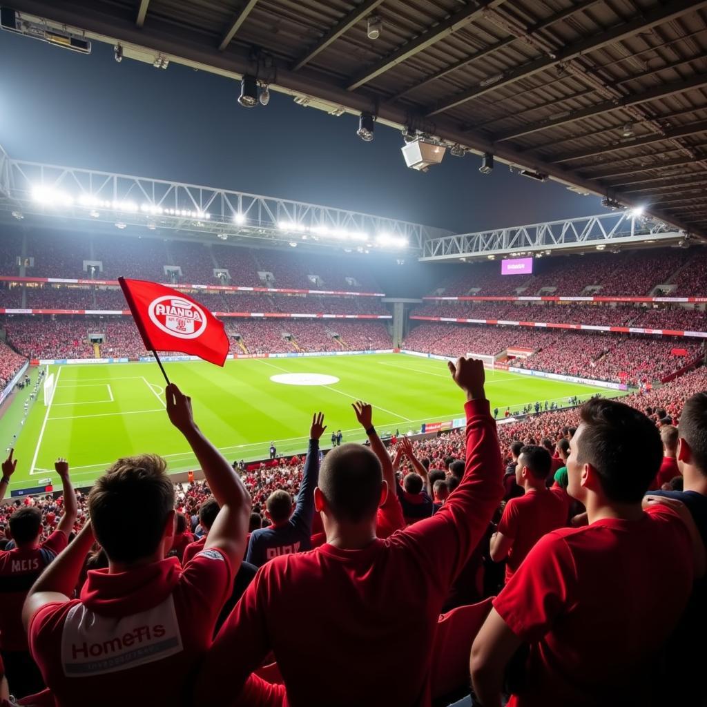 Fußballfans in der BayArena feuern die Werkself an.