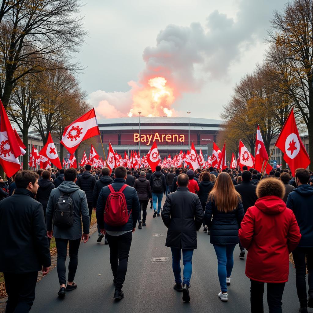 Fußballfans auf dem Weg zur BayArena über den Alter Grenzweg