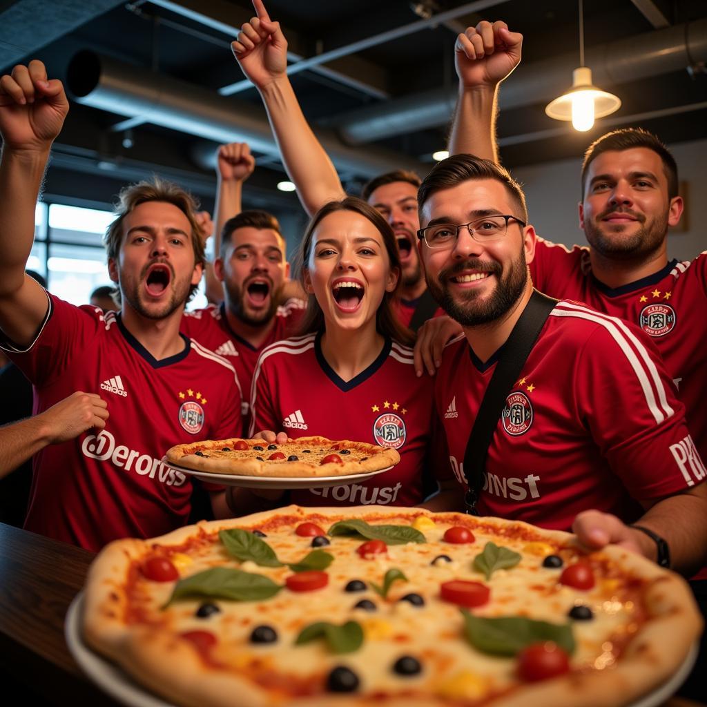 Fußballfans bei Stückwerk Pizza Manfort: Gemeinsame Freude am Fußball und leckerer Pizza.