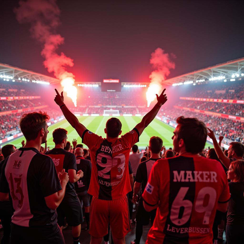 Jubelnde Fans von Bayer 04 Leverkusen im Stadion nach einem Sieg