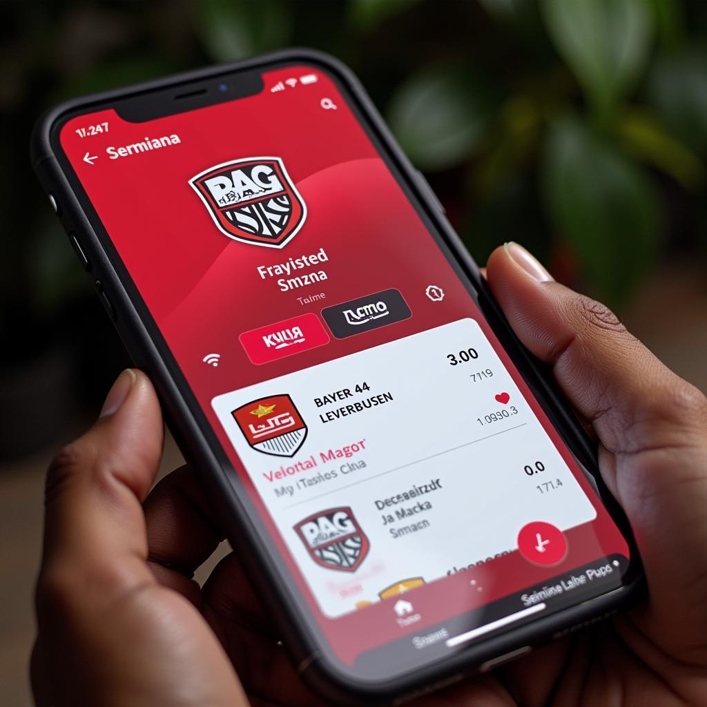 Smartphone mit Live-Ticker-App, die das aktuelle Fußballergebnis von Bayer 04 Leverkusen anzeigt