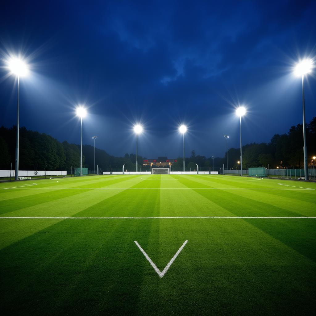 Fußballplatz in Leverkusen bei Abendbeleuchtung