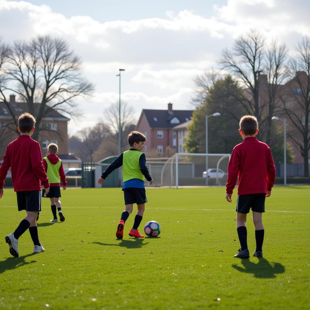 Fussballplatz in Leverkusen Küppersteg: Kinder und Jugendliche trainieren auf dem grünen Rasen.