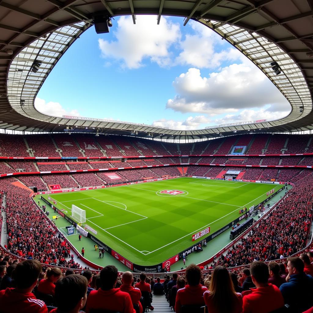 Panoramablick auf die BayArena, das Heimstadion von Bayer 04 Leverkusen.