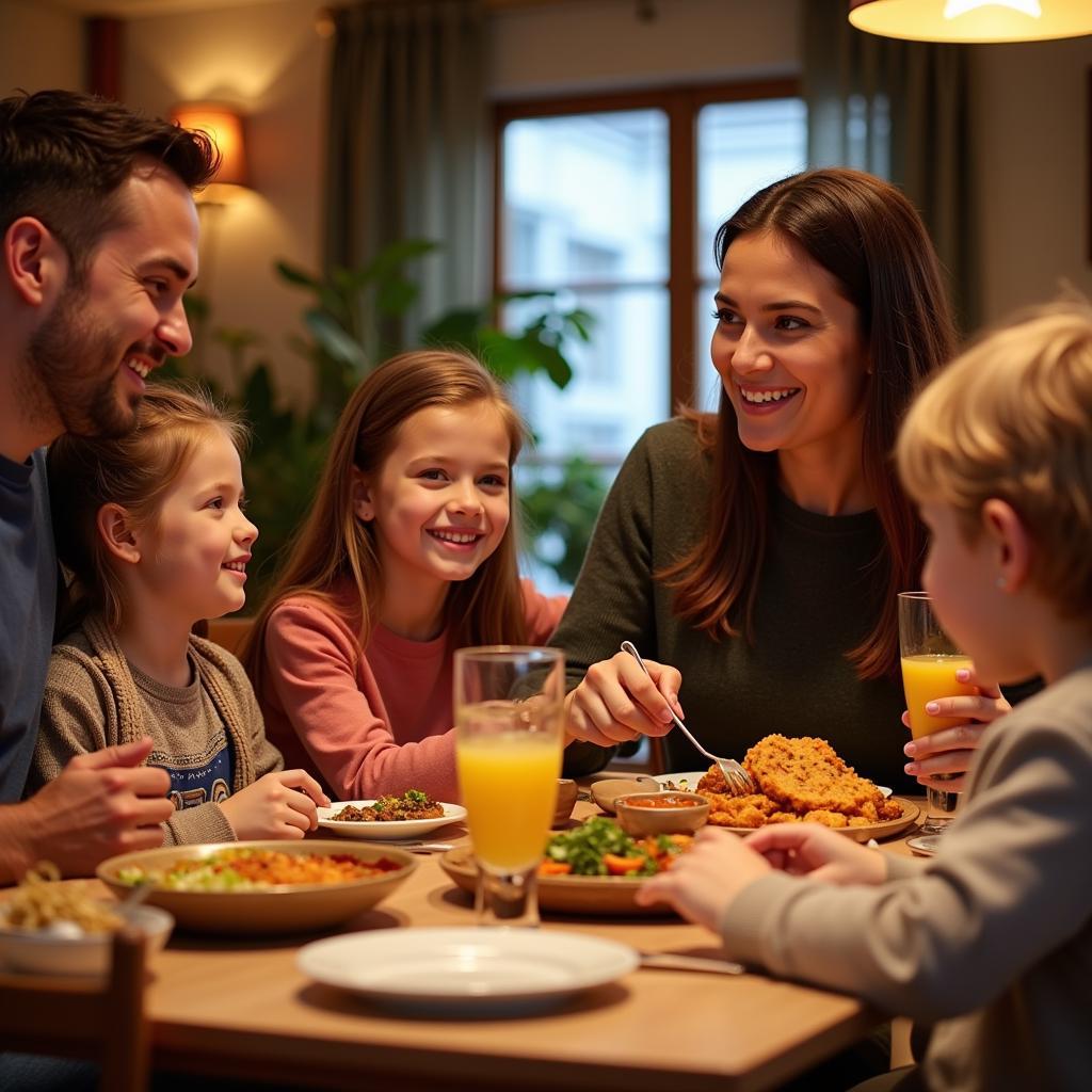 Familie genießt indisches Essen in Leverkusen