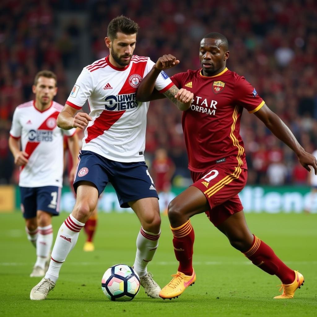 Szenen aus dem Spiel zwischen Bayer Leverkusen und AS Rom. Die Spieler kämpfen um den Ball. Fans feuern ihre Mannschaft an.