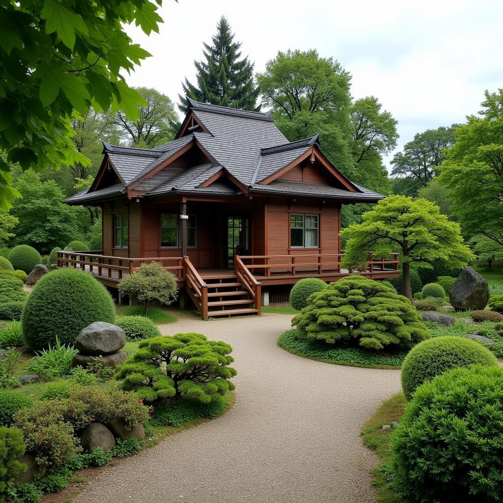 Traditionelles japanisches Teehaus im Japanischen Garten Leverkusen, umgeben von einem sorgfältig gepflegten Garten.