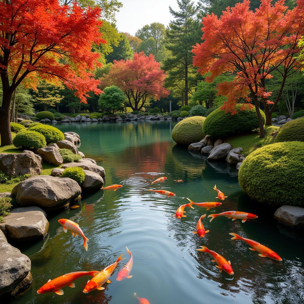 Ein ruhiger Teich mit Koi-Karpfen im Japanischen Garten Leverkusen, umgeben von japanischen Ahornbäumen und Steinen.