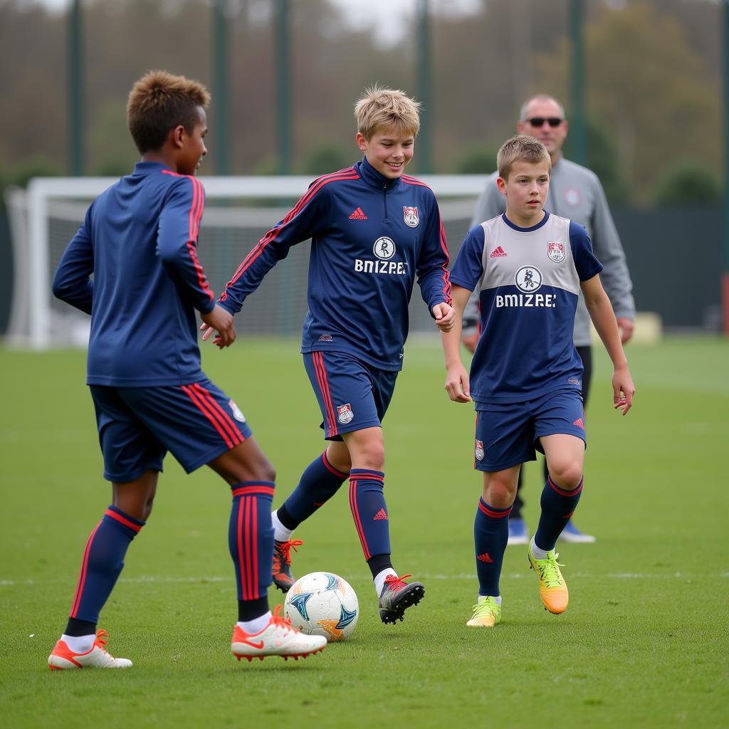 Junge Fußballtalente trainieren auf dem Platz in Leverkusen im Frohental.  Die Jugendförderung des Bayer 04 Leverkusen bietet Kindern und Jugendlichen die Möglichkeit, ihren Traum vom Profifußball zu verwirklichen.