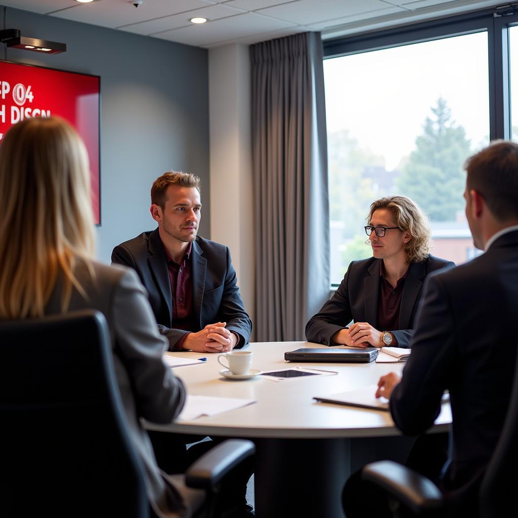 Dr. Kaniewski in einer Teambesprechung mit dem medizinischen Team von Bayer 04 Leverkusen.