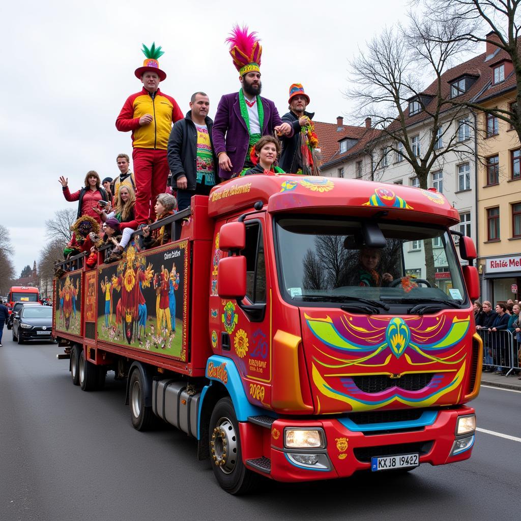 Karnevalszug Leverkusen 2024: Farbenfroher Festwagen mit Narren.