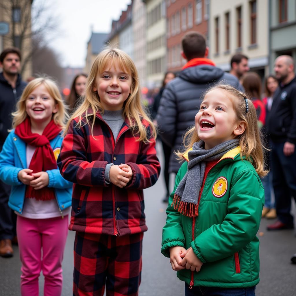 Kinder freuen sich über Kamelle beim Karnevalszug Leverkusen 2024.