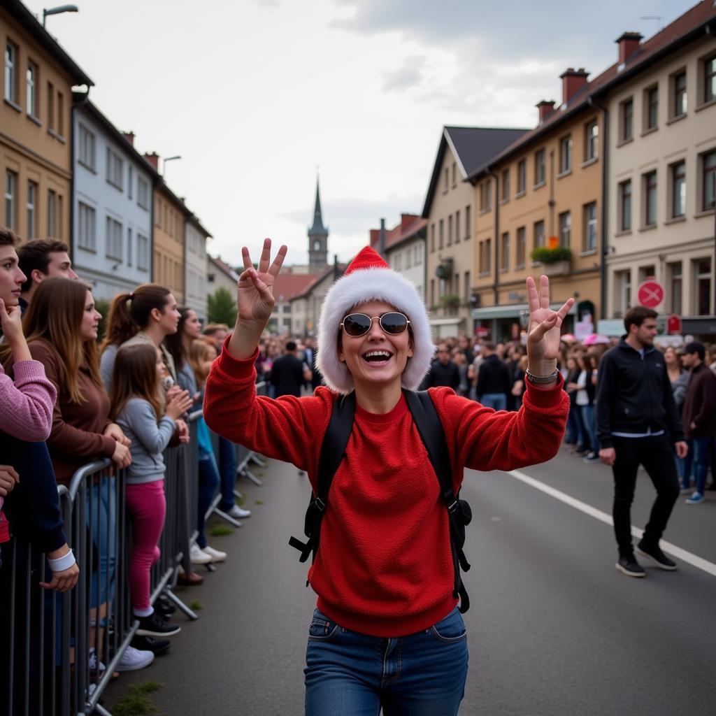 Begeisterte Zuschauer am Straßenrand beim Karnevalszug in Leverkusen 2024.