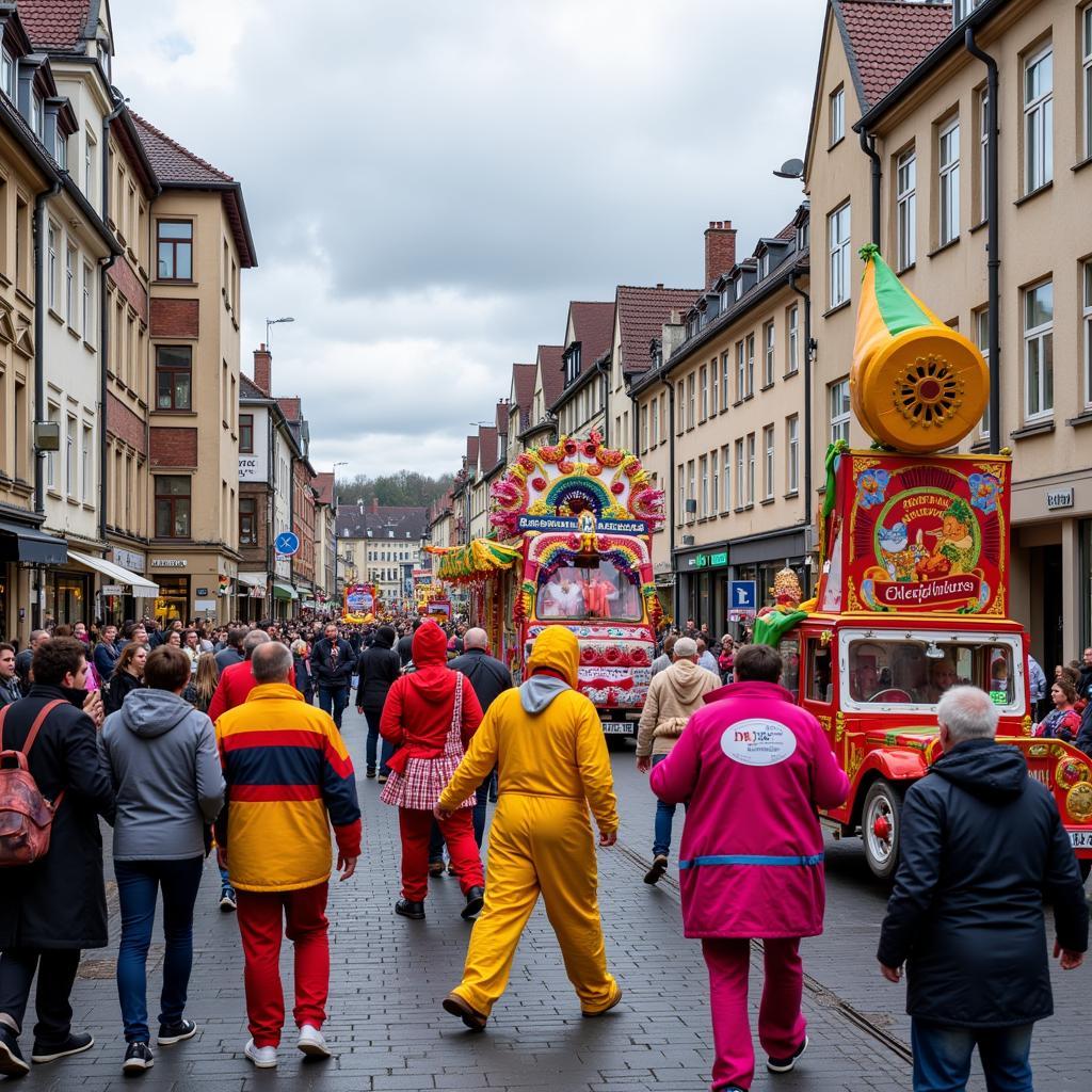 Farbenfroher Karnevalszug in Leverkusen mit fröhlichen Teilnehmern und Zuschauern.