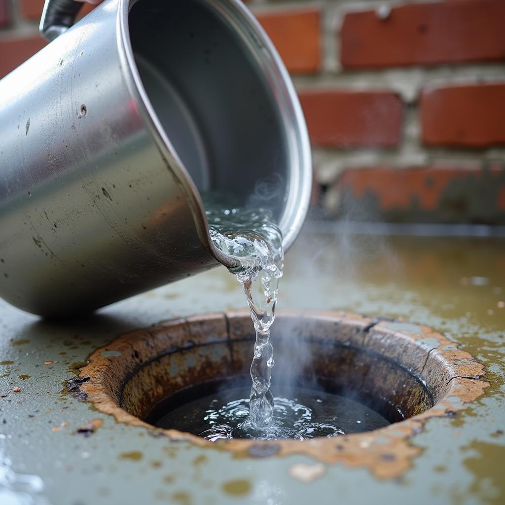 Kochendes Wasser im Abfluss gießen