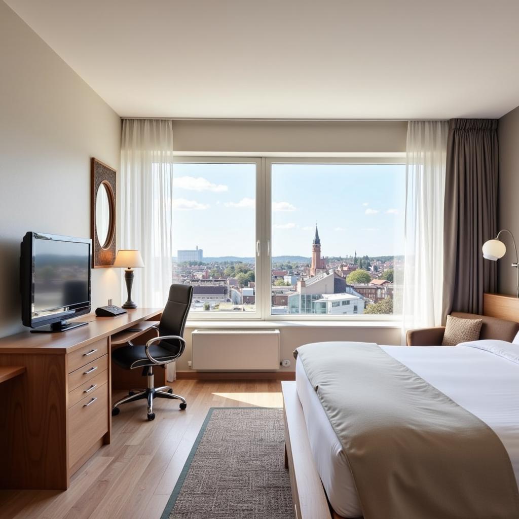 Komfortables Zimmer im Alscher Hotel Leverkusen mit modernen Annehmlichkeiten und Blick auf die Stadt.