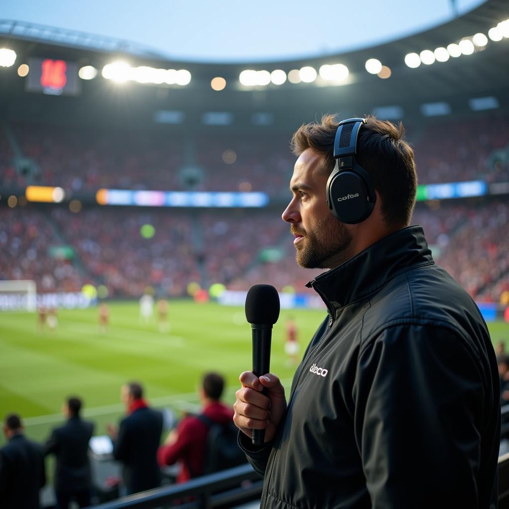 Kommentator im Fußballstadion mit Mikrofon