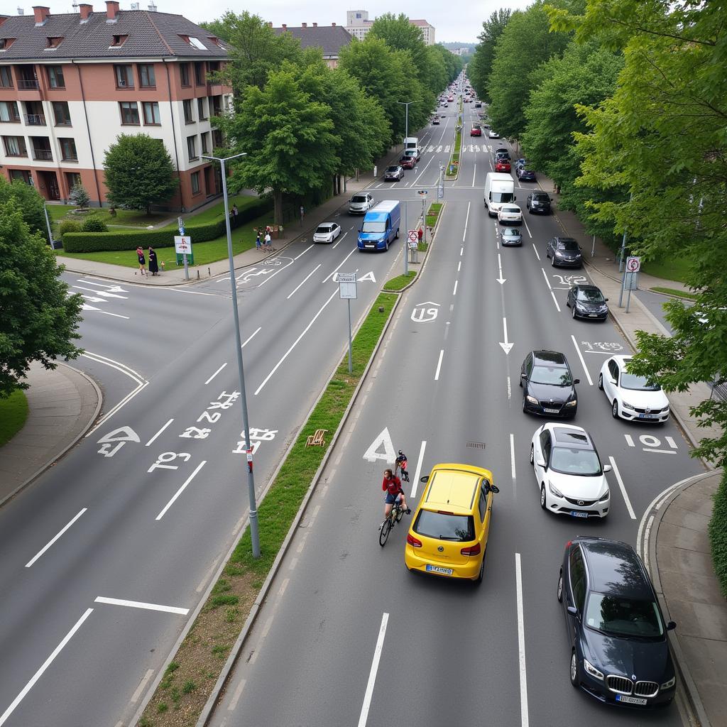 Verkehr an der Kreuzung Knörringenstr/Theodor-Adorno-Str in Leverkusen.