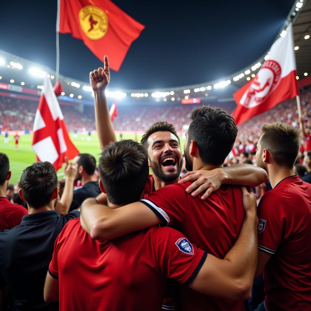 Fans jubeln nach dem Abpfiff in Leverkusen