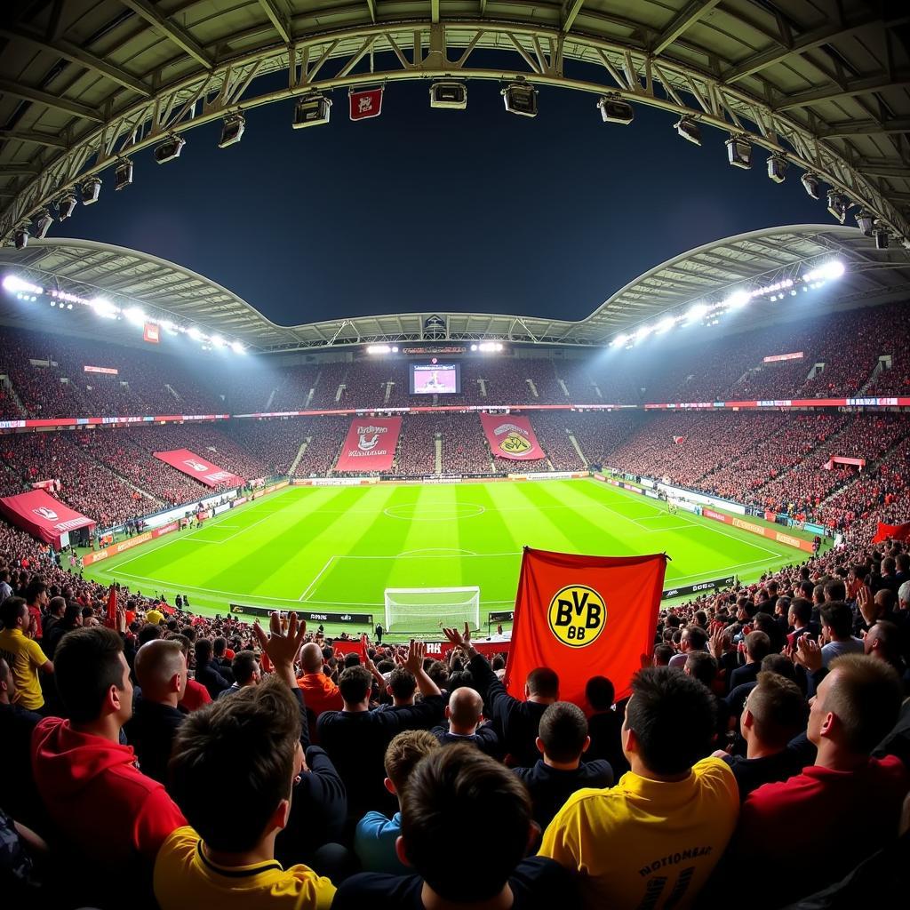 Fans im Stadion bei einem Leverkusen-Dortmund Spiel