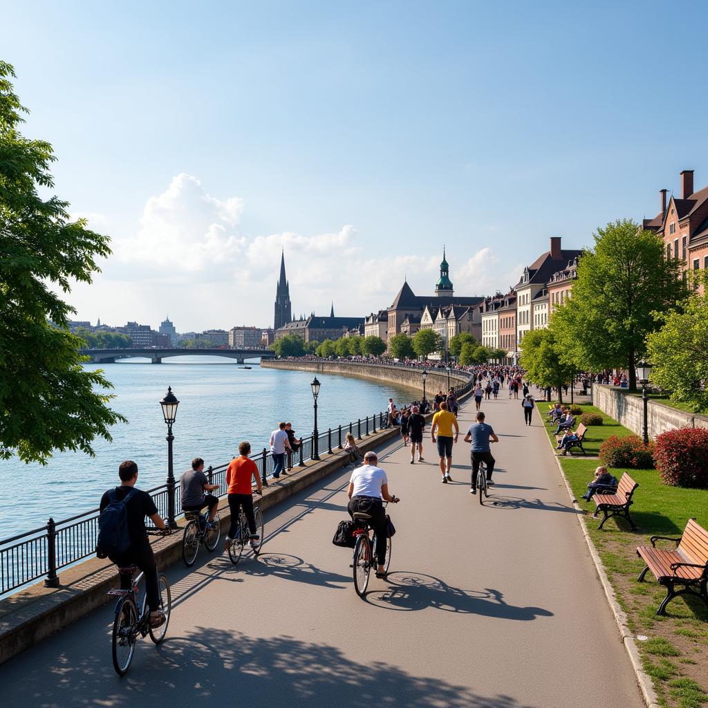 Leverkusen Hitdorf Rheinuferpromenade mit Blick auf den Rhein und Köln