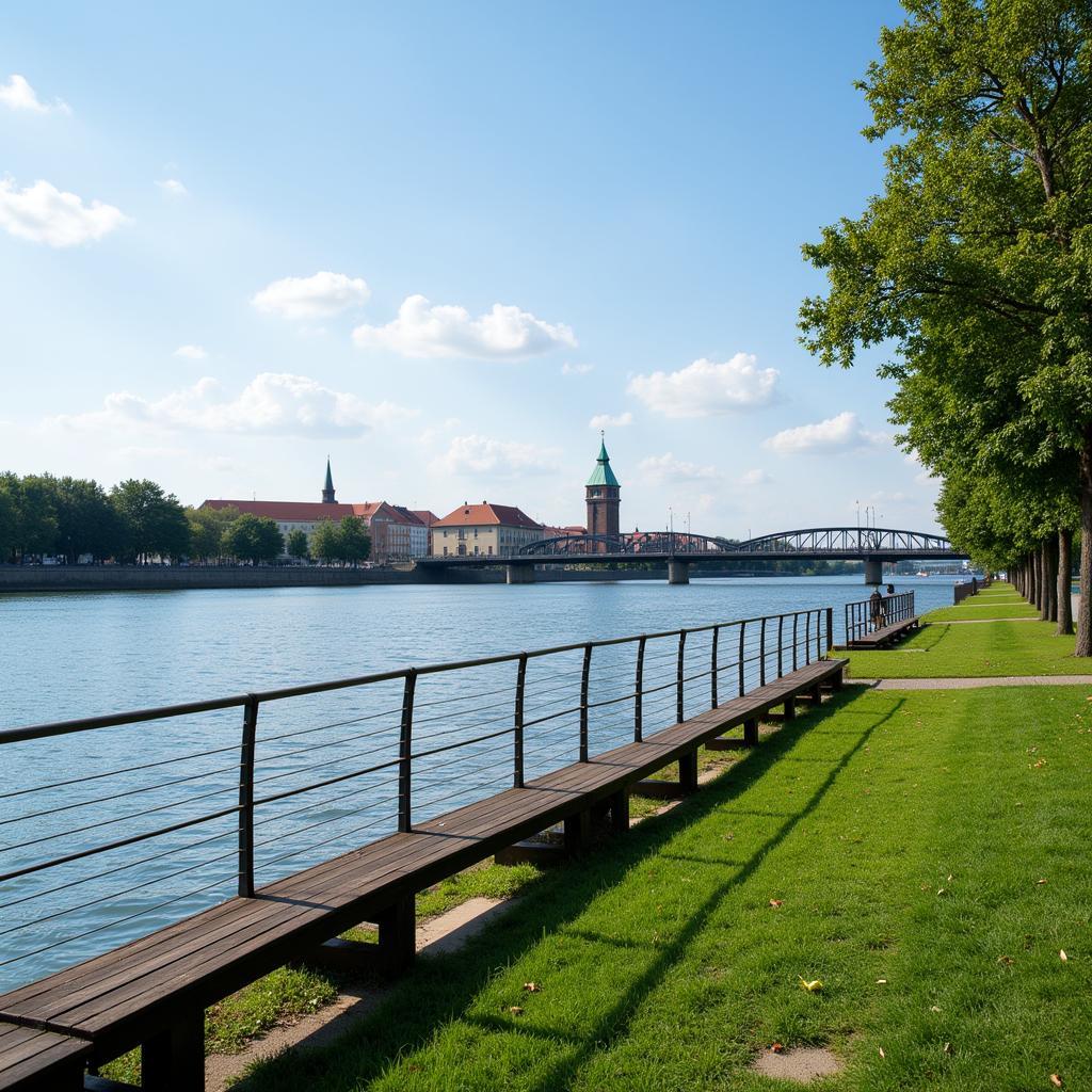 Rheinpromenade in Leverkusen mit Blick auf den Fluss und die Stadt