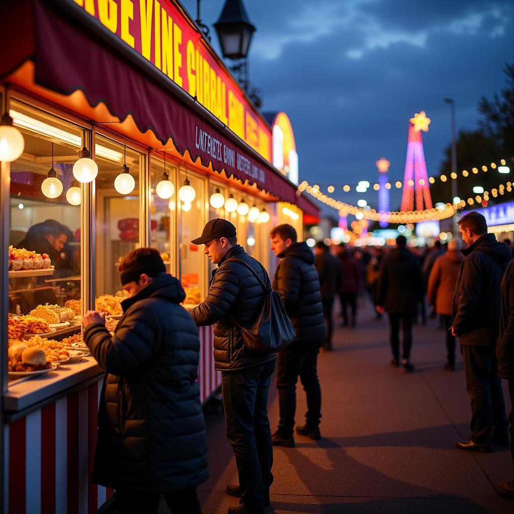 Besucher genießen die kulinarischen Angebote auf der Leverkusen Kirmes am Abend