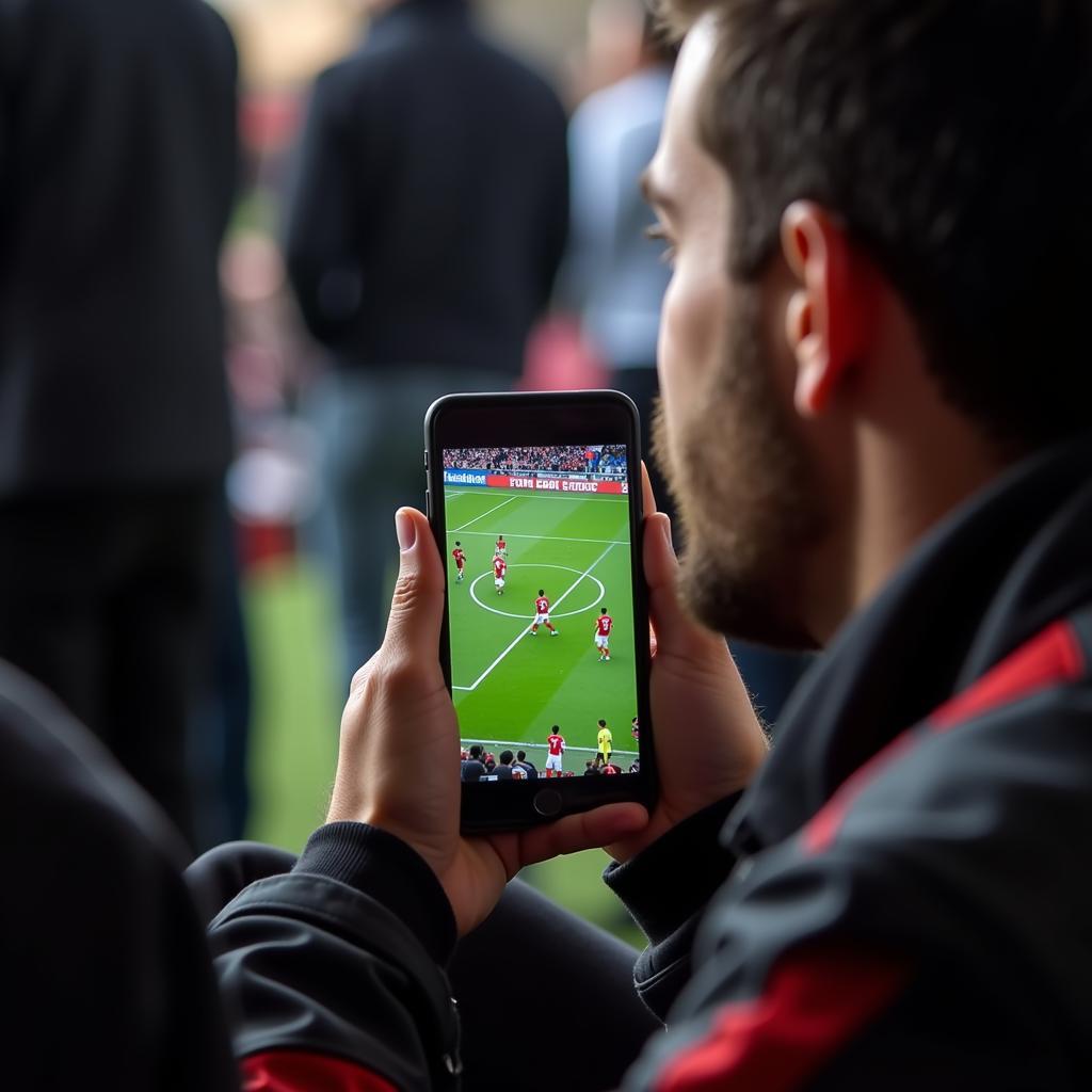 Ein Fan verfolgt das Leverkusen-Live-Spiel auf seinem Smartphone.