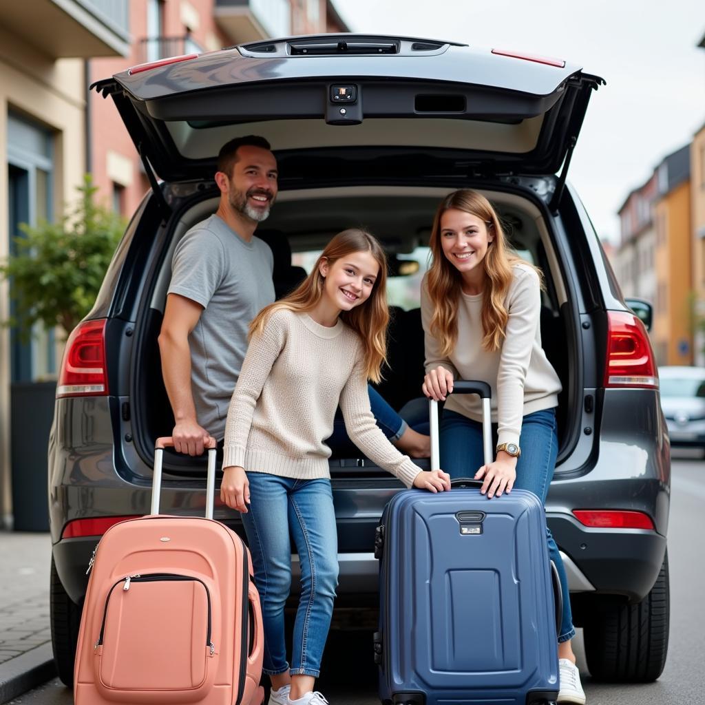 Familie mit Gepäck steigt in einen Mietwagen in Leverkusen.